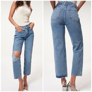 GOOD AMERICAN Good 90s Duster Straight Leg Jeans Size 10 Ripped Knee
